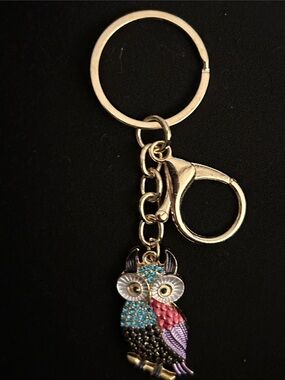 Gold Tone Owl Keychain with Multicolor Crystal Accent